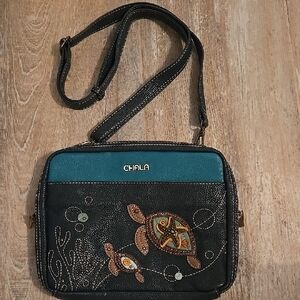 Chala Dark Brown and Teal Turtle Crossbody Bag